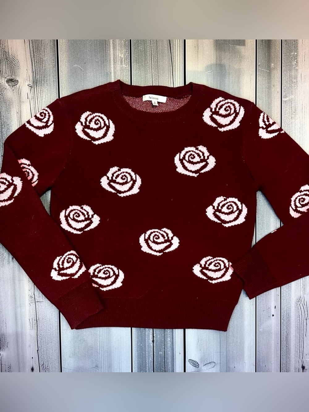Lalavon Rose Jacquard Knit Sweater Womens Small Burgundy Floral Pink Crewneck
